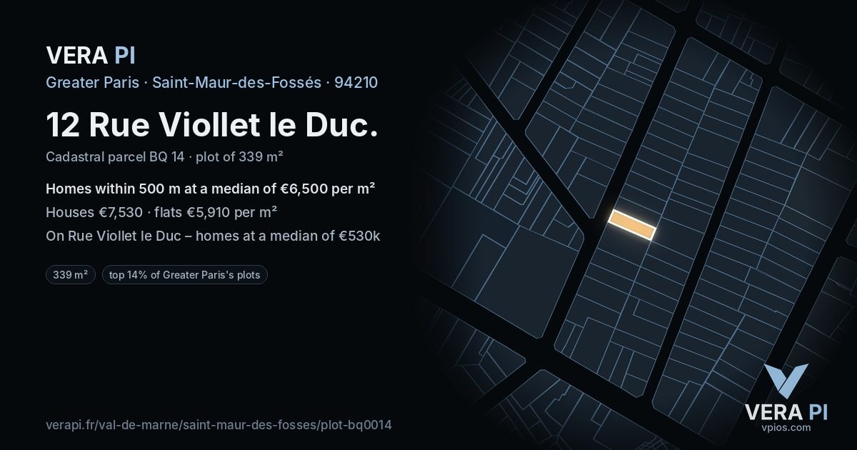 12 Rue Viollet le Duc, Saint-Maur-des-Fossés at night – the plot lit, the parcels around coloured by the prices near them