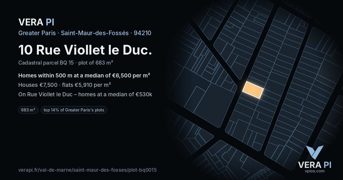 10 Rue Viollet le Duc, Saint-Maur-des-Fossés at night – the plot lit, the parcels around coloured by the prices near them