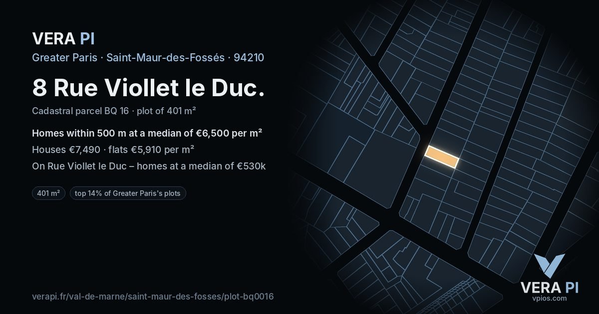8 Rue Viollet le Duc, Saint-Maur-des-Fossés at night – the plot lit, the parcels around coloured by the prices near them