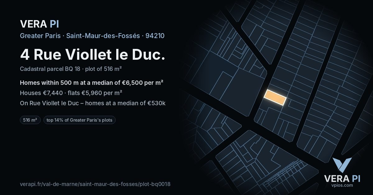 4 Rue Viollet le Duc, Saint-Maur-des-Fossés at night – the plot lit, the parcels around coloured by the prices near them