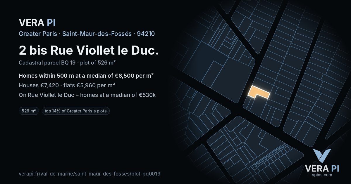 2 bis Rue Viollet le Duc, Saint-Maur-des-Fossés at night – the plot lit, the parcels around coloured by the prices near them