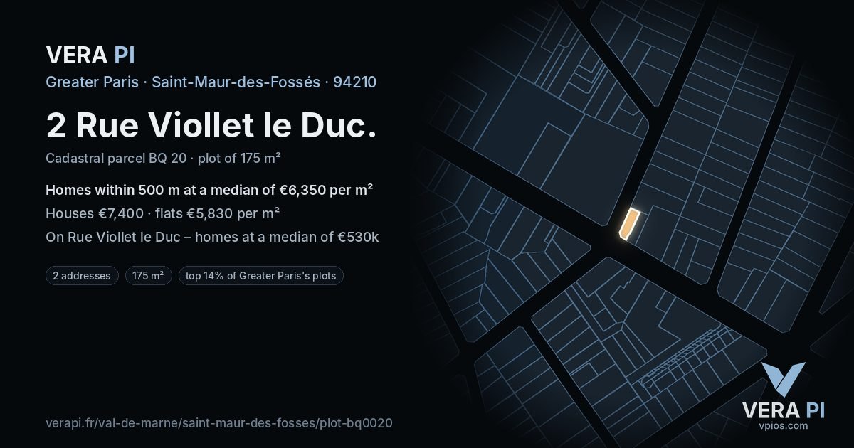 2 Rue Viollet le Duc, Saint-Maur-des-Fossés at night – the plot lit, the parcels around coloured by the prices near them