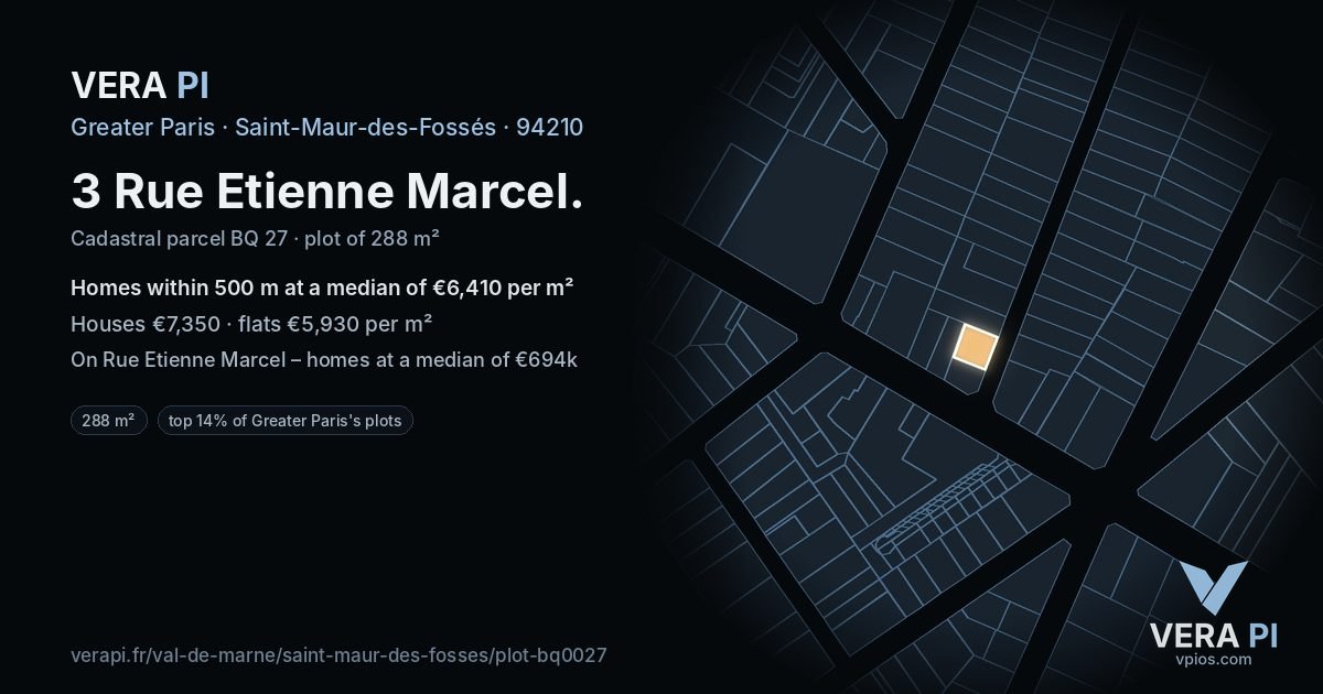 3 Rue Etienne Marcel, Saint-Maur-des-Fossés at night – the plot lit, the parcels around coloured by the prices near them