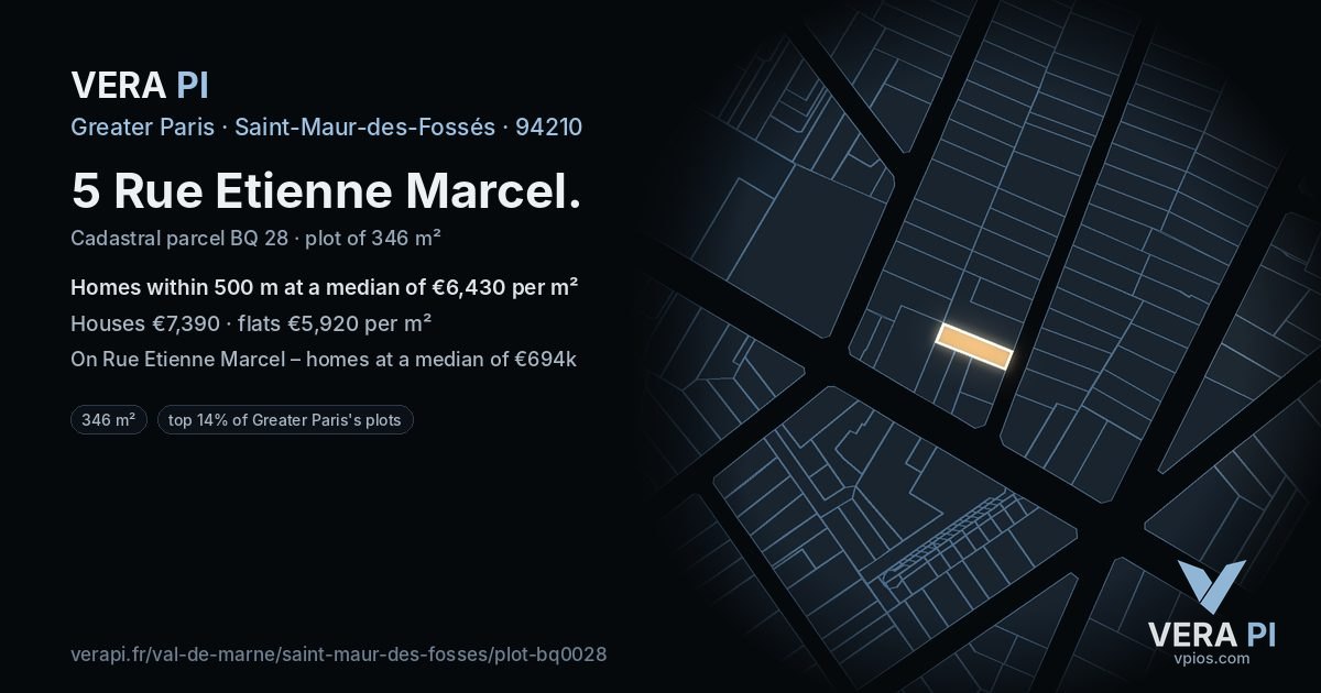 5 Rue Etienne Marcel, Saint-Maur-des-Fossés at night – the plot lit, the parcels around coloured by the prices near them