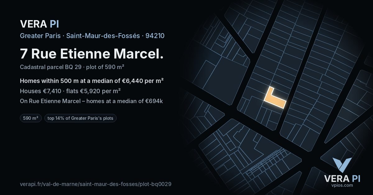 7 Rue Etienne Marcel, Saint-Maur-des-Fossés at night – the plot lit, the parcels around coloured by the prices near them