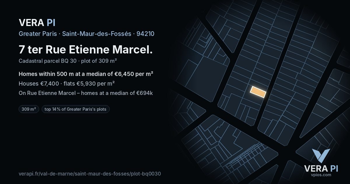 7 ter Rue Etienne Marcel, Saint-Maur-des-Fossés at night – the plot lit, the parcels around coloured by the prices near them
