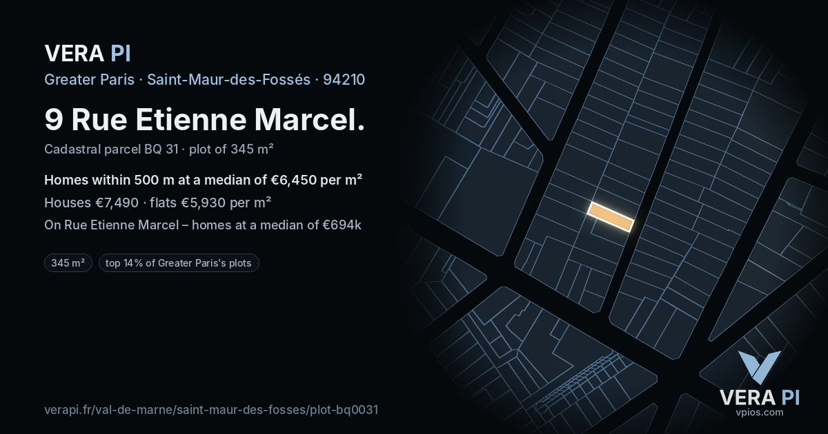 9 Rue Etienne Marcel, Saint-Maur-des-Fossés at night – the plot lit, the parcels around coloured by the prices near them