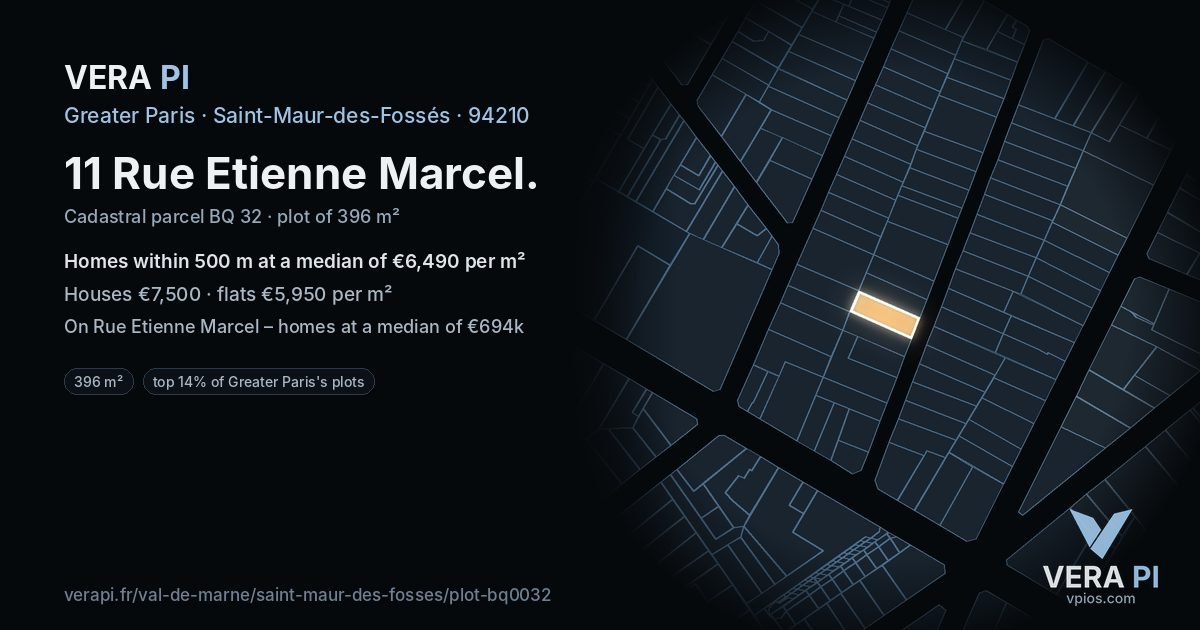 11 Rue Etienne Marcel, Saint-Maur-des-Fossés at night – the plot lit, the parcels around coloured by the prices near them