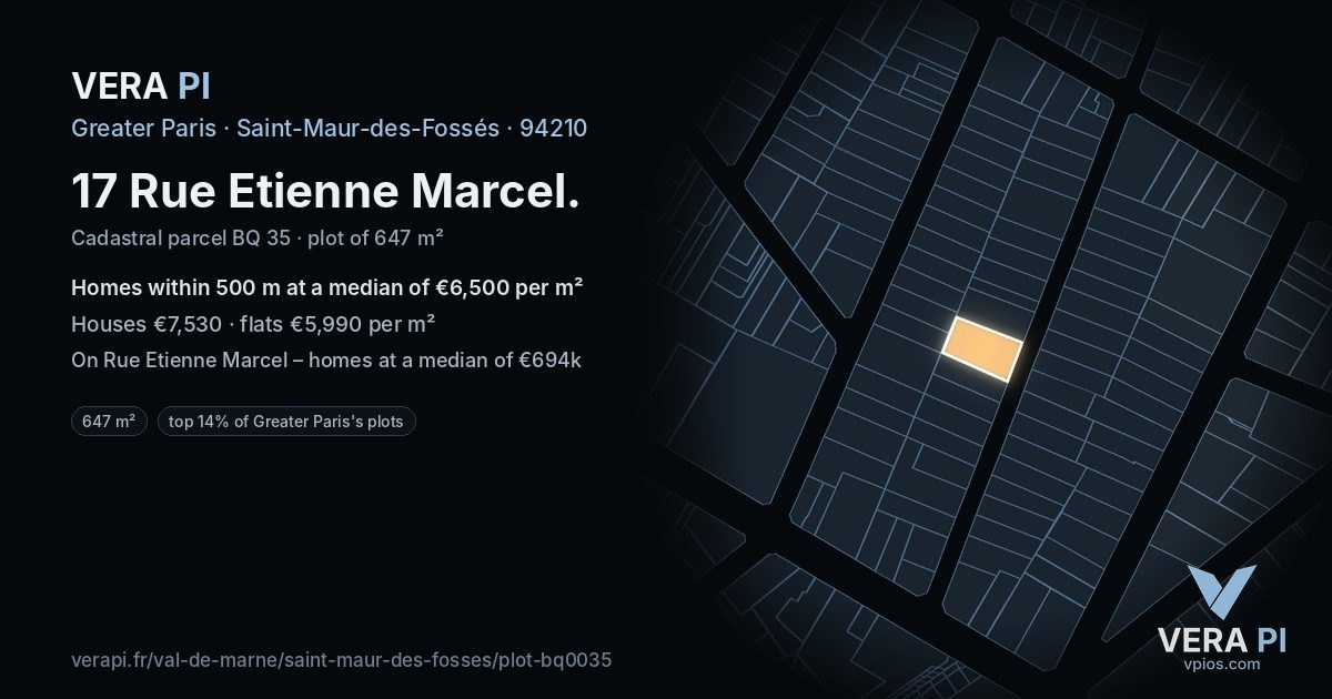 17 Rue Etienne Marcel, Saint-Maur-des-Fossés at night – the plot lit, the parcels around coloured by the prices near them
