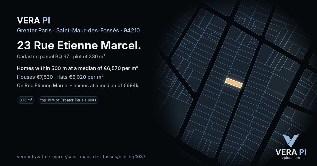 23 Rue Etienne Marcel, Saint-Maur-des-Fossés at night – the plot lit, the parcels around coloured by the prices near them
