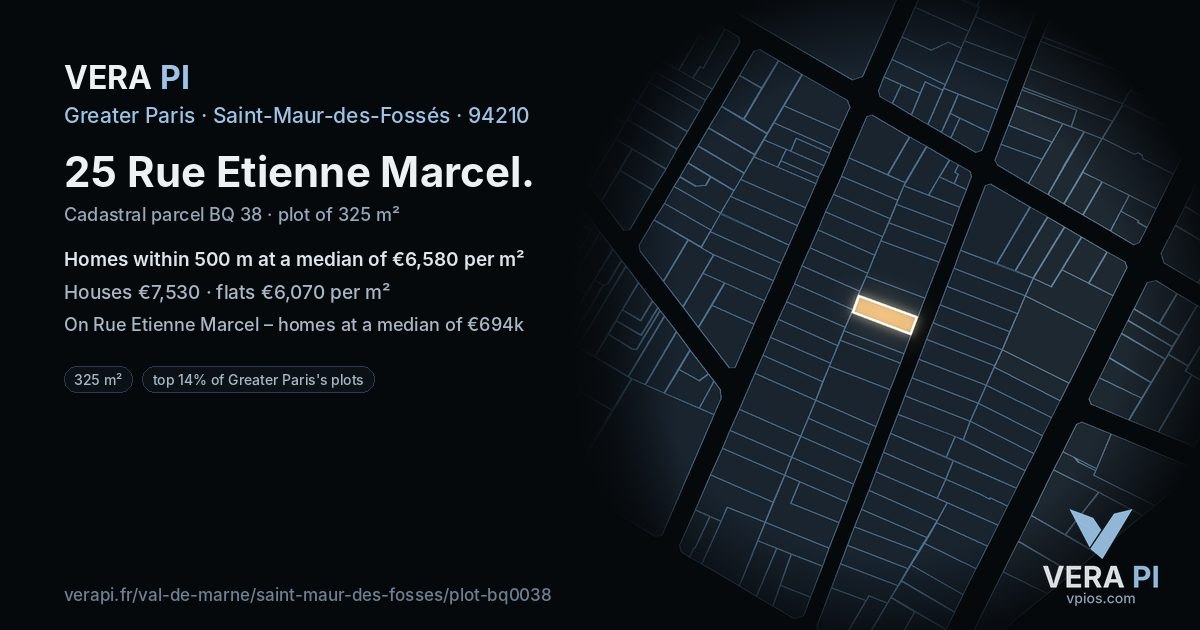 25 Rue Etienne Marcel, Saint-Maur-des-Fossés at night – the plot lit, the parcels around coloured by the prices near them