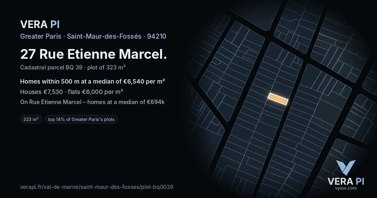 27 Rue Etienne Marcel, Saint-Maur-des-Fossés at night – the plot lit, the parcels around coloured by the prices near them