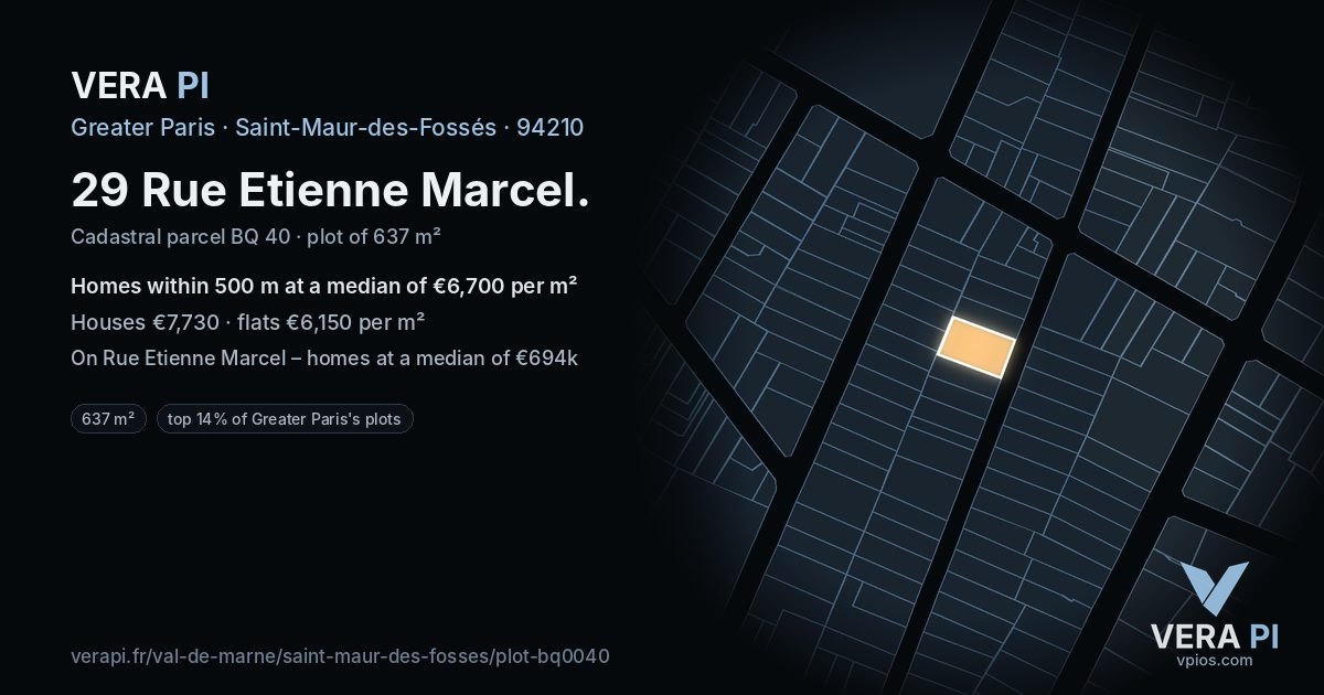 29 Rue Etienne Marcel, Saint-Maur-des-Fossés at night – the plot lit, the parcels around coloured by the prices near them
