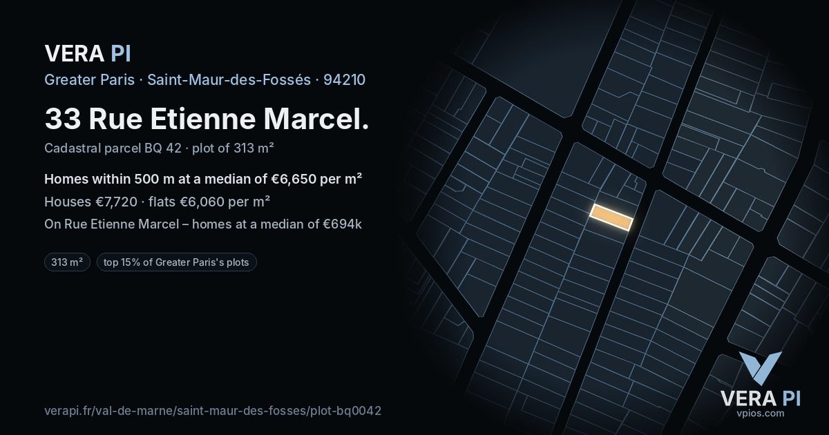 33 Rue Etienne Marcel, Saint-Maur-des-Fossés at night – the plot lit, the parcels around coloured by the prices near them