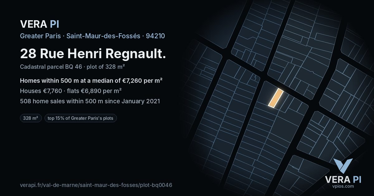 28 Rue Henri Regnault, Saint-Maur-des-Fossés at night – the plot lit, the parcels around coloured by the prices near them