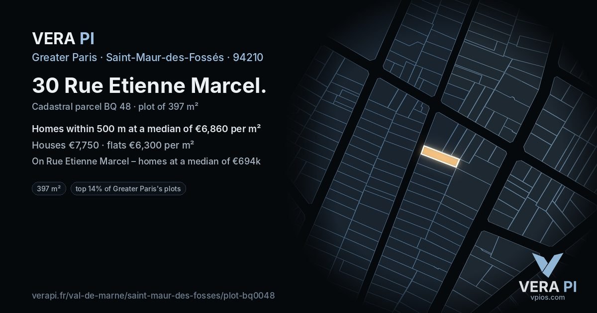 30 Rue Etienne Marcel, Saint-Maur-des-Fossés at night – the plot lit, the parcels around coloured by the prices near them