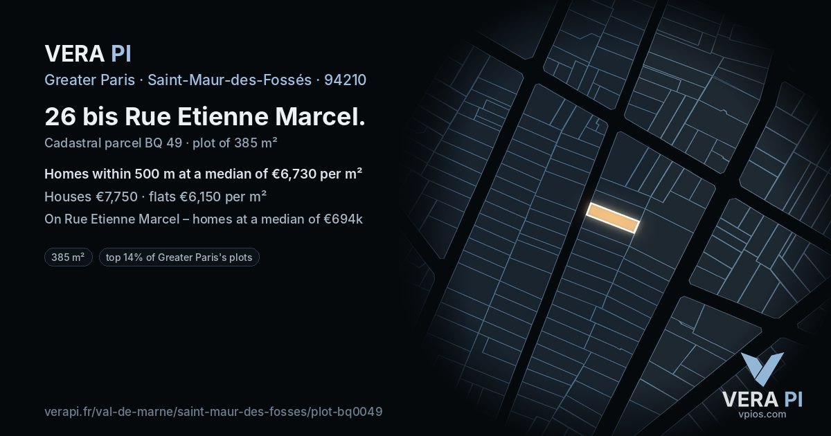26 bis Rue Etienne Marcel, Saint-Maur-des-Fossés at night – the plot lit, the parcels around coloured by the prices near them