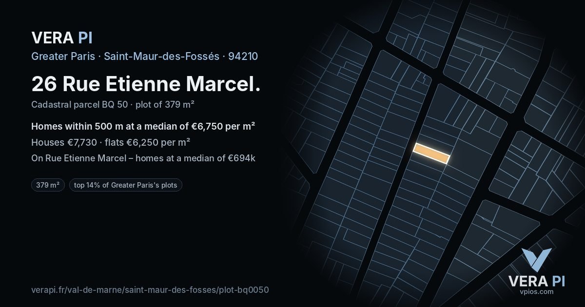 26 Rue Etienne Marcel, Saint-Maur-des-Fossés at night – the plot lit, the parcels around coloured by the prices near them