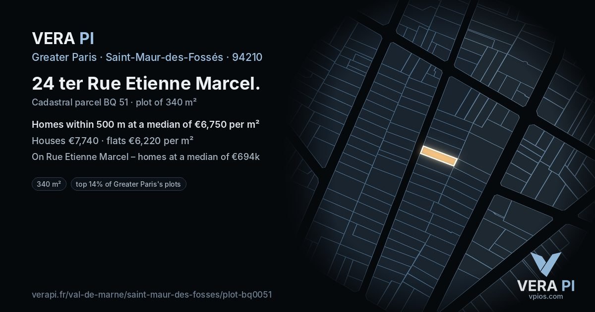 24 ter Rue Etienne Marcel, Saint-Maur-des-Fossés at night – the plot lit, the parcels around coloured by the prices near them