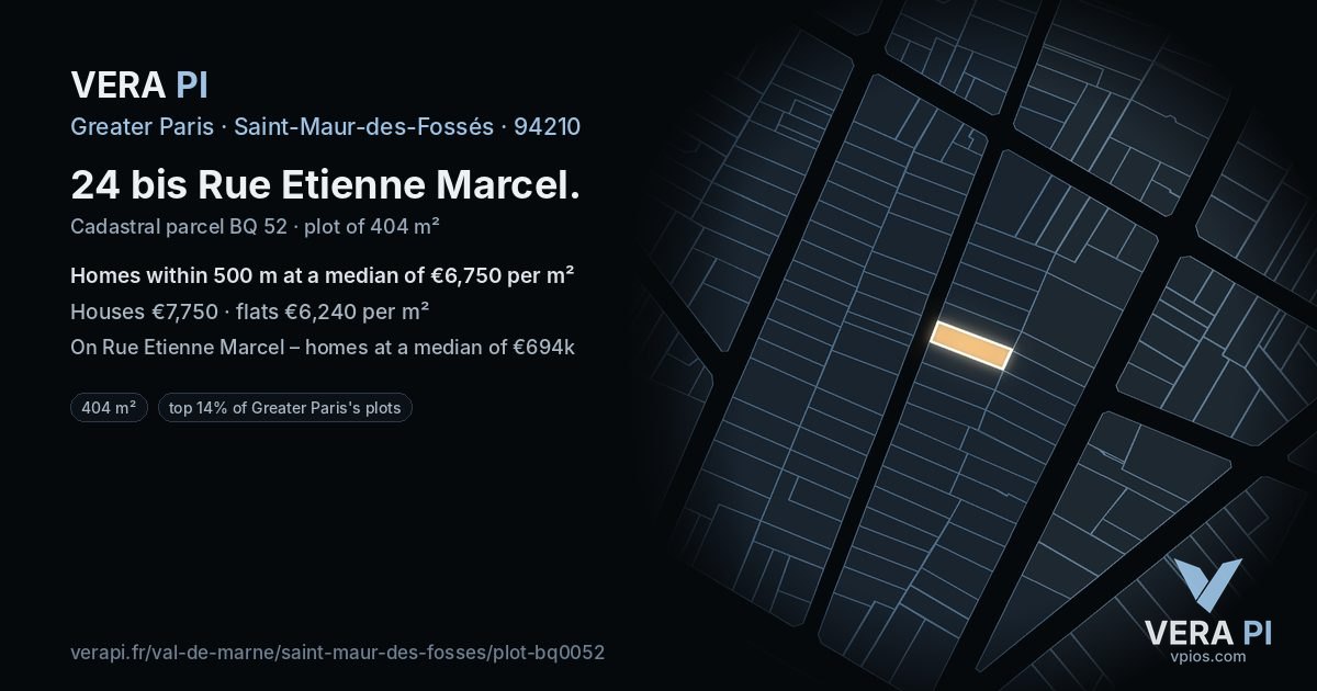 24 bis Rue Etienne Marcel, Saint-Maur-des-Fossés at night – the plot lit, the parcels around coloured by the prices near them