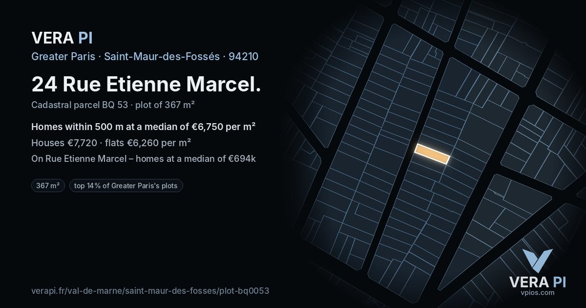 24 Rue Etienne Marcel, Saint-Maur-des-Fossés at night – the plot lit, the parcels around coloured by the prices near them