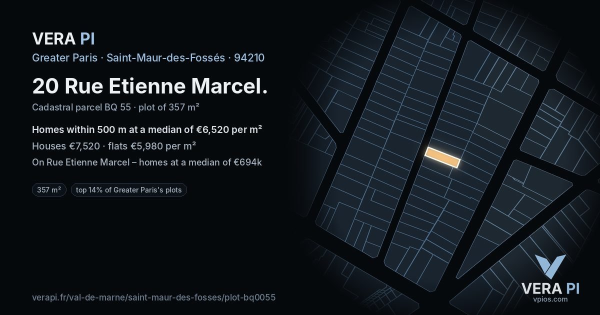 20 Rue Etienne Marcel, Saint-Maur-des-Fossés at night – the plot lit, the parcels around coloured by the prices near them