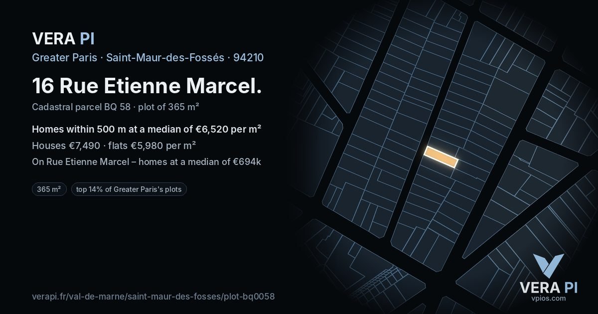 16 Rue Etienne Marcel, Saint-Maur-des-Fossés at night – the plot lit, the parcels around coloured by the prices near them