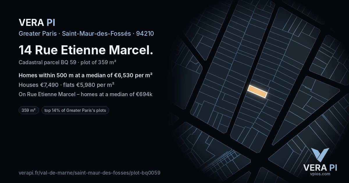 14 Rue Etienne Marcel, Saint-Maur-des-Fossés at night – the plot lit, the parcels around coloured by the prices near them