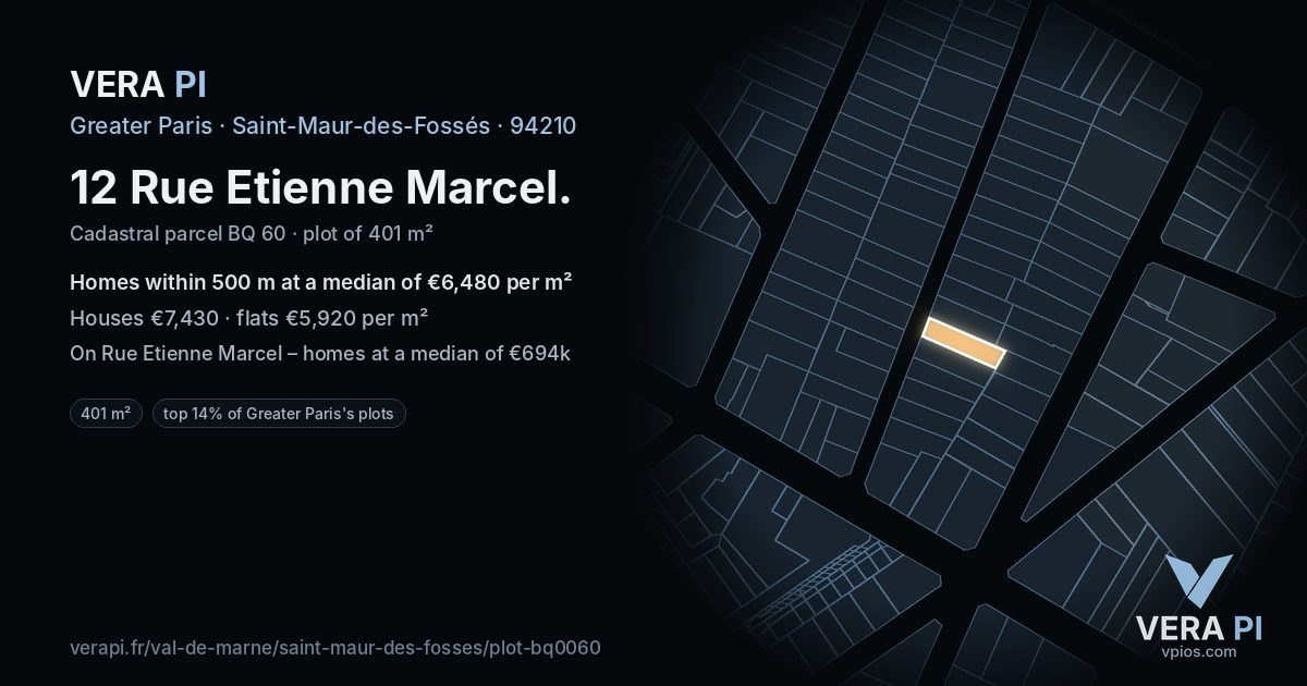 12 Rue Etienne Marcel, Saint-Maur-des-Fossés at night – the plot lit, the parcels around coloured by the prices near them
