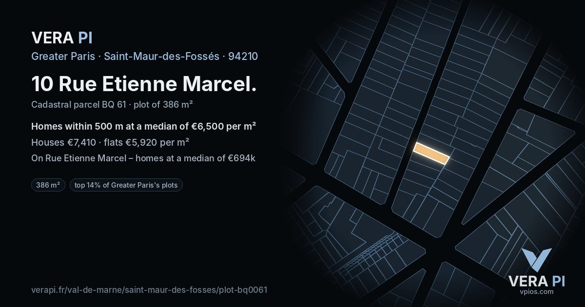 10 Rue Etienne Marcel, Saint-Maur-des-Fossés at night – the plot lit, the parcels around coloured by the prices near them