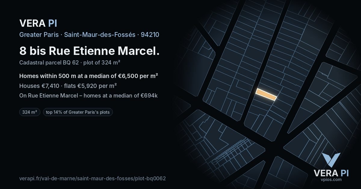 8 bis Rue Etienne Marcel, Saint-Maur-des-Fossés at night – the plot lit, the parcels around coloured by the prices near them