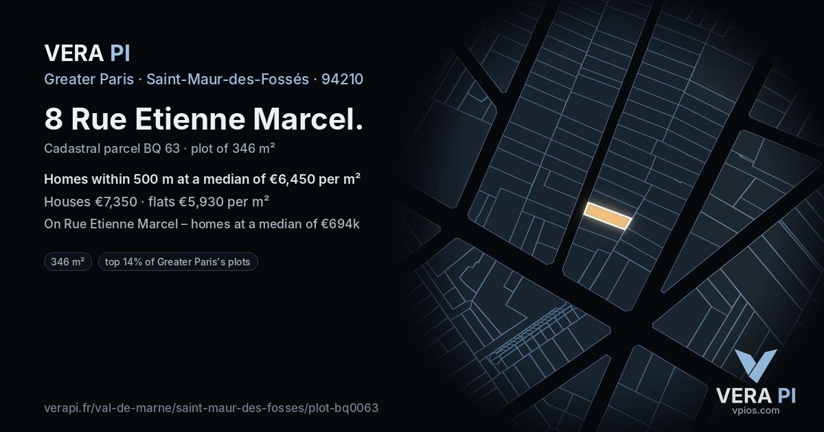 8 Rue Etienne Marcel, Saint-Maur-des-Fossés at night – the plot lit, the parcels around coloured by the prices near them