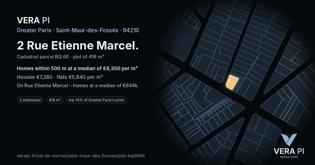 2 Rue Etienne Marcel, Saint-Maur-des-Fossés at night – the plot lit, the parcels around coloured by the prices near them