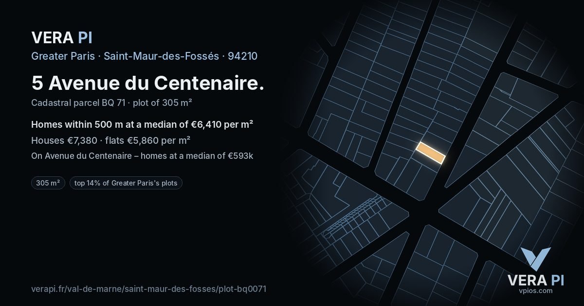 5 Avenue du Centenaire, Saint-Maur-des-Fossés at night – the plot lit, the parcels around coloured by the prices near them