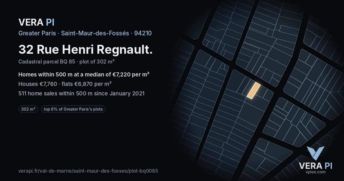 32 Rue Henri Regnault, Saint-Maur-des-Fossés at night – the plot lit, the parcels around coloured by the prices near them