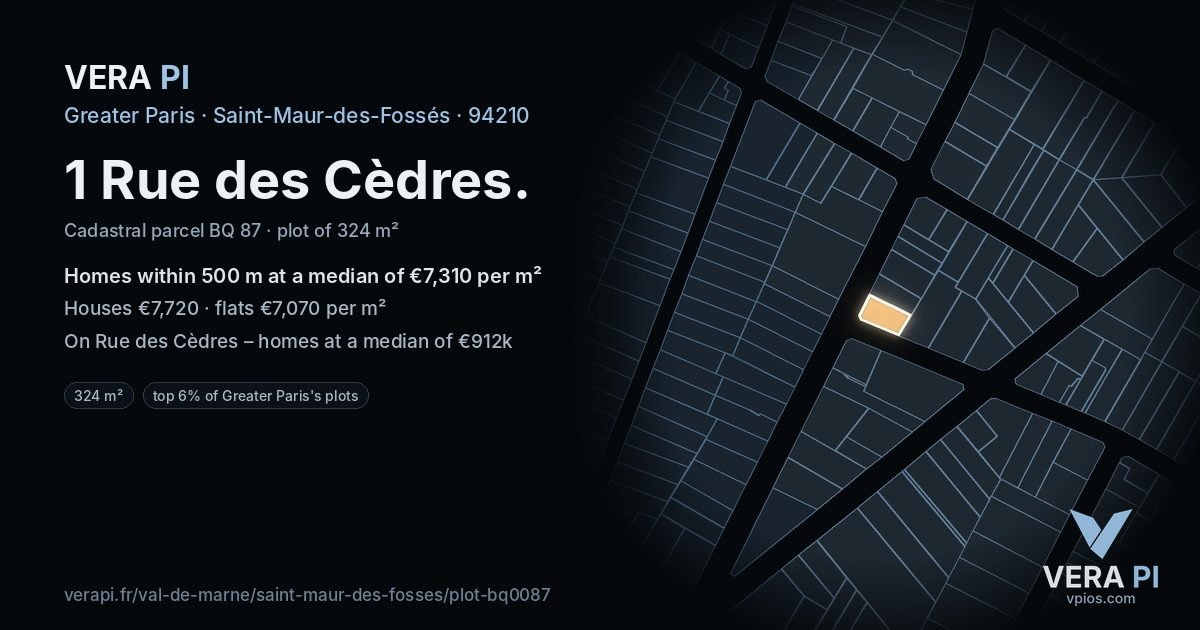 1 Rue des Cèdres, Saint-Maur-des-Fossés at night – the plot lit, the parcels around coloured by the prices near them