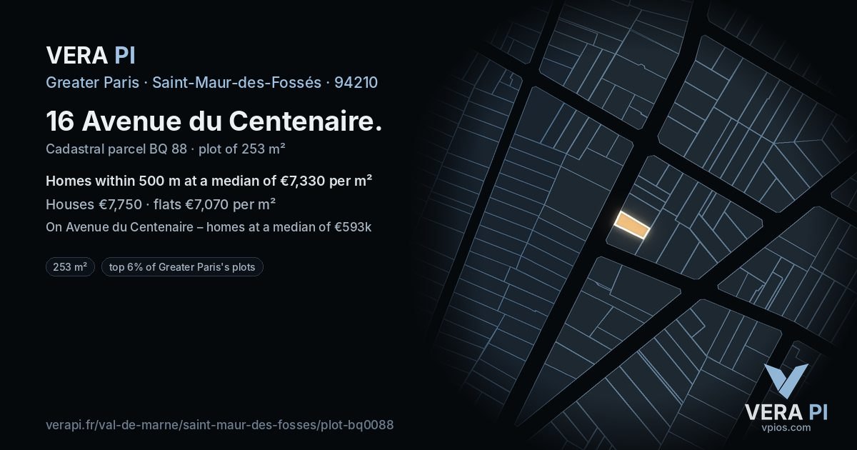 16 Avenue du Centenaire, Saint-Maur-des-Fossés at night – the plot lit, the parcels around coloured by the prices near them