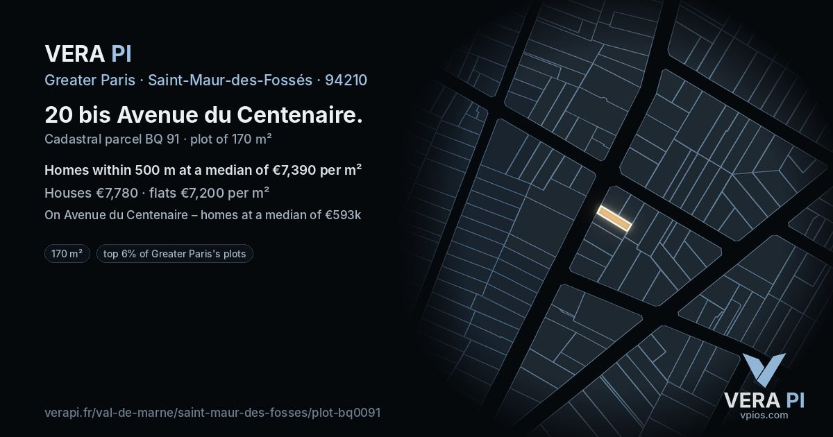 20 bis Avenue du Centenaire, Saint-Maur-des-Fossés at night – the plot lit, the parcels around coloured by the prices near them
