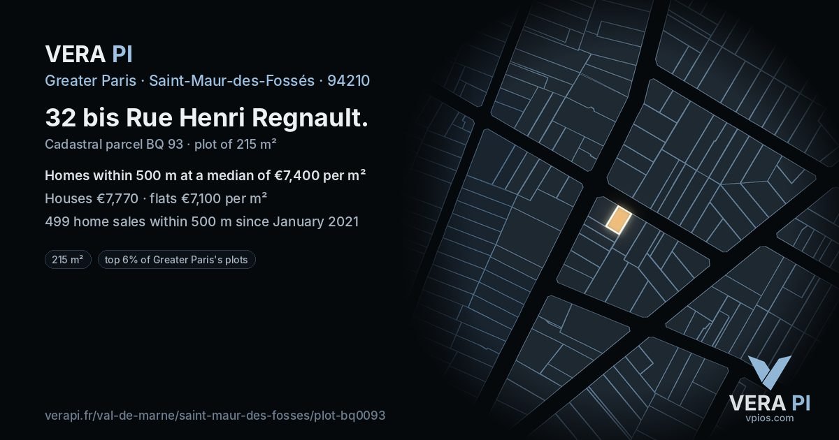 32 bis Rue Henri Regnault, Saint-Maur-des-Fossés at night – the plot lit, the parcels around coloured by the prices near them