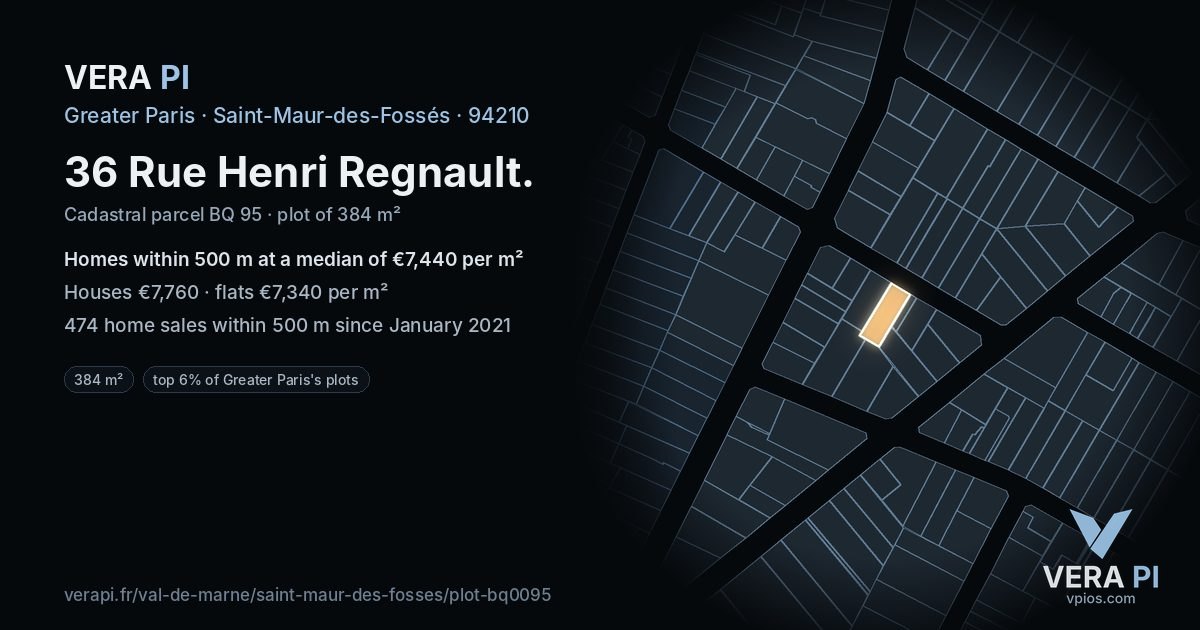 36 Rue Henri Regnault, Saint-Maur-des-Fossés at night – the plot lit, the parcels around coloured by the prices near them
