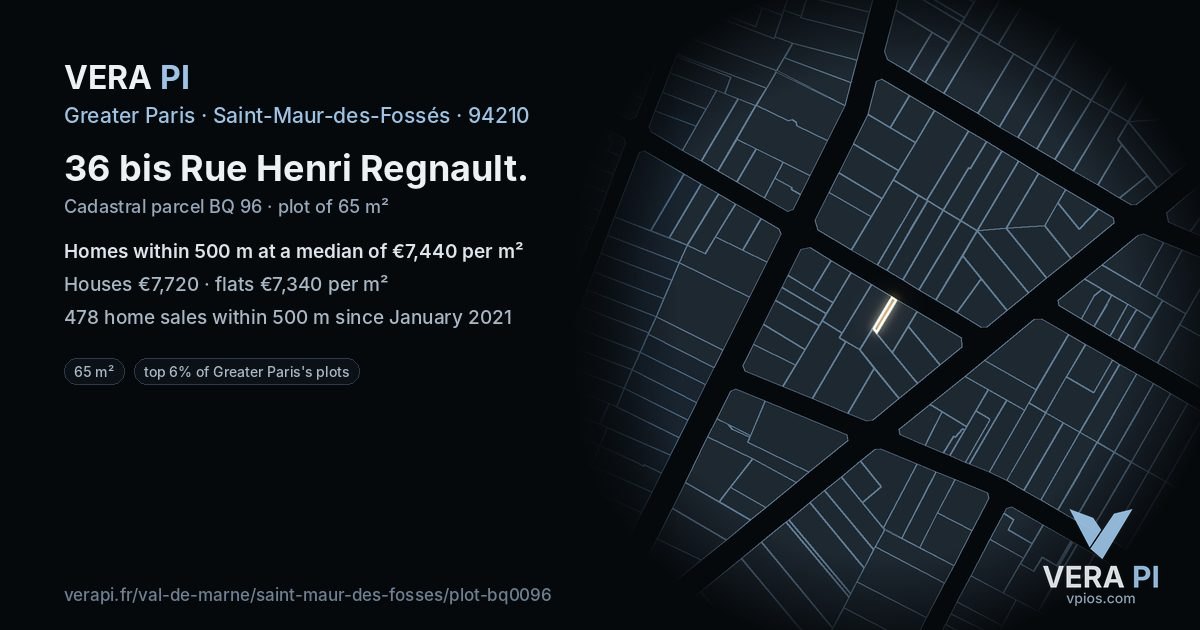 36 bis Rue Henri Regnault, Saint-Maur-des-Fossés at night – the plot lit, the parcels around coloured by the prices near them