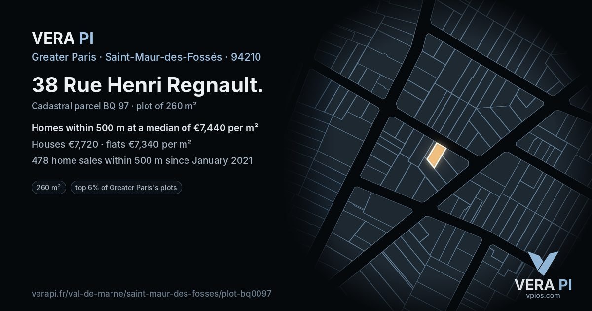 38 Rue Henri Regnault, Saint-Maur-des-Fossés at night – the plot lit, the parcels around coloured by the prices near them