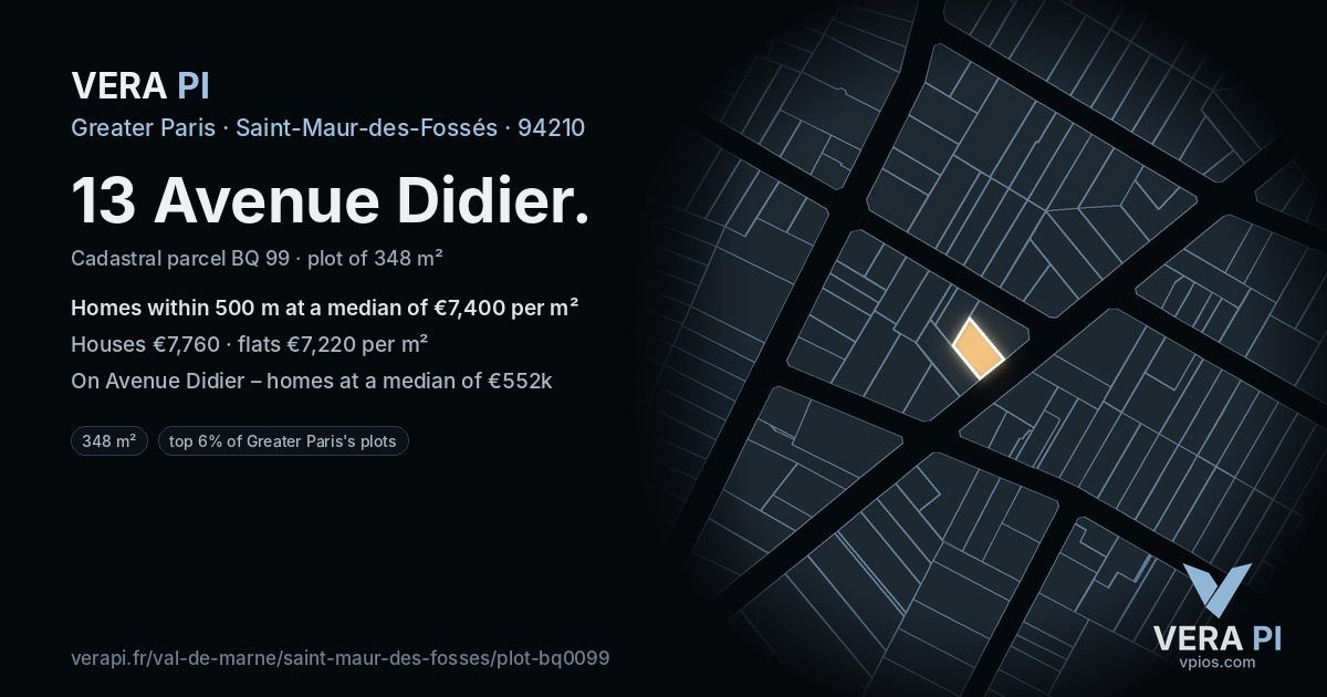 13 Avenue Didier, Saint-Maur-des-Fossés at night – the plot lit, the parcels around coloured by the prices near them