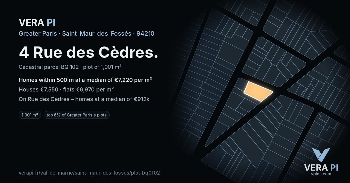 4 Rue des Cèdres, Saint-Maur-des-Fossés at night – the plot lit, the parcels around coloured by the prices near them