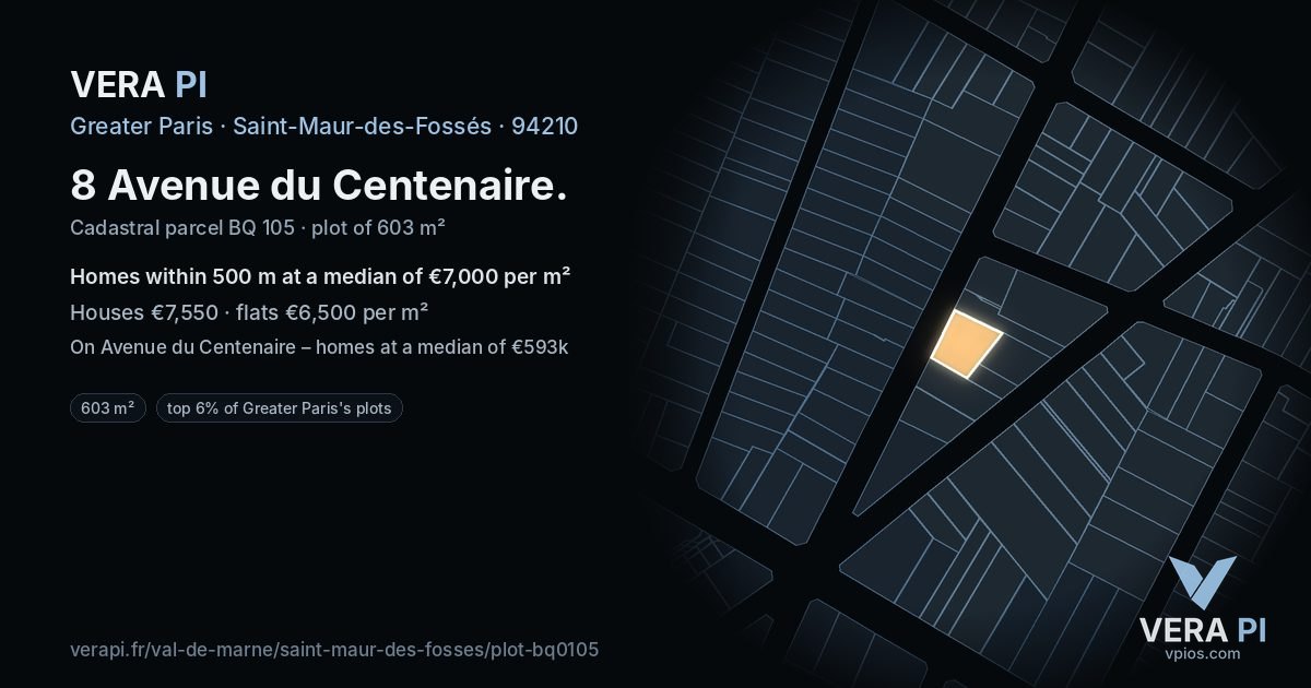 8 Avenue du Centenaire, Saint-Maur-des-Fossés at night – the plot lit, the parcels around coloured by the prices near them