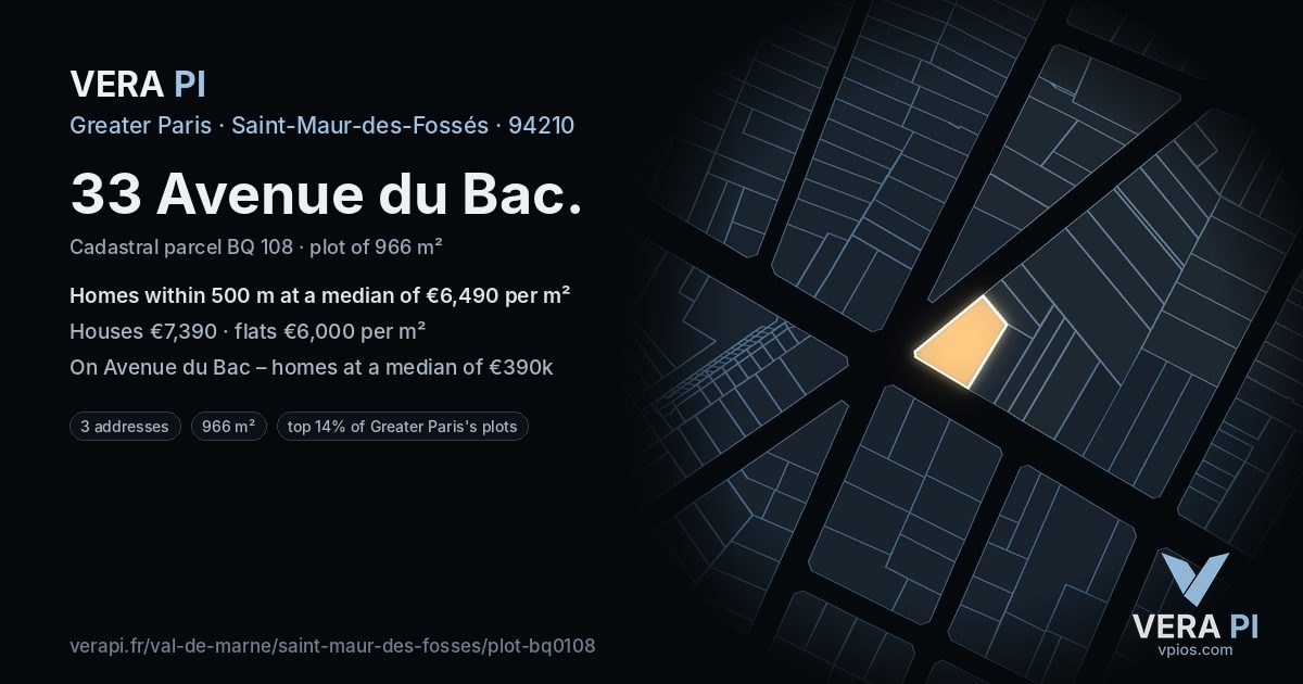 33 Avenue du Bac, Saint-Maur-des-Fossés at night – the plot lit, the parcels around coloured by the prices near them