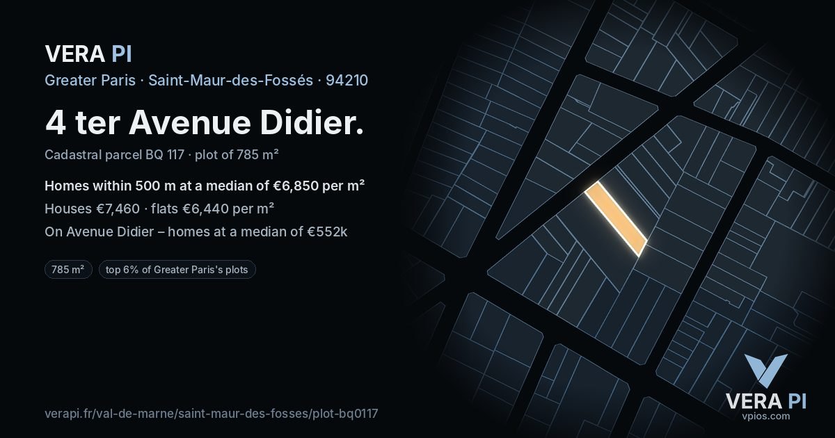 4 ter Avenue Didier, Saint-Maur-des-Fossés at night – the plot lit, the parcels around coloured by the prices near them