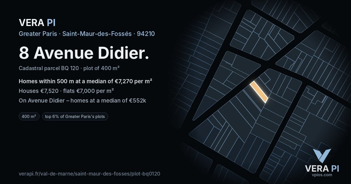 8 Avenue Didier, Saint-Maur-des-Fossés at night – the plot lit, the parcels around coloured by the prices near them