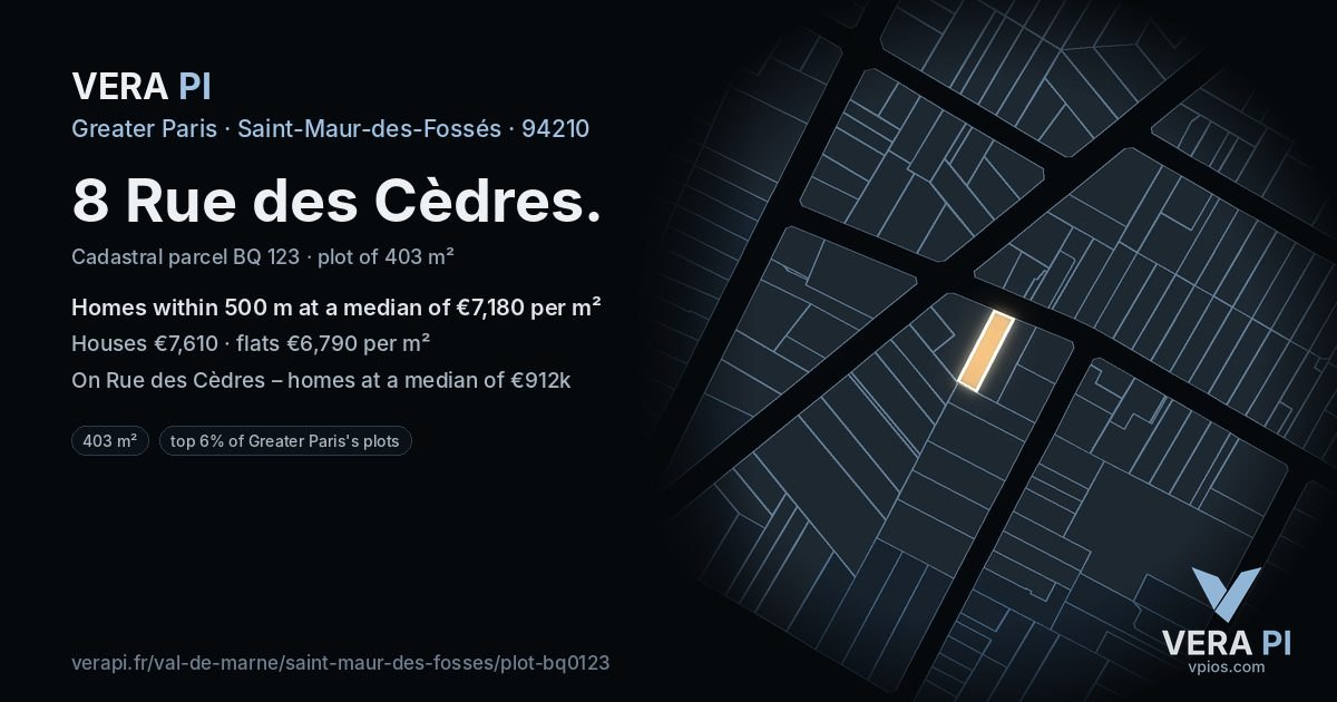 8 Rue des Cèdres, Saint-Maur-des-Fossés at night – the plot lit, the parcels around coloured by the prices near them