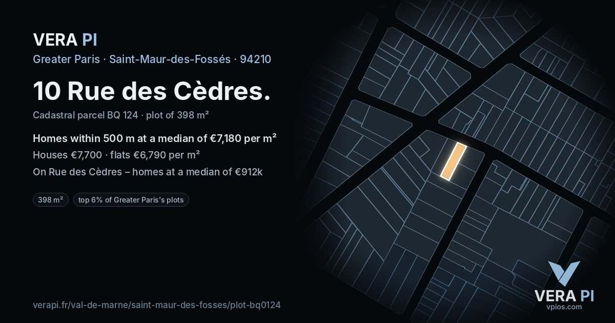 10 Rue des Cèdres, Saint-Maur-des-Fossés at night – the plot lit, the parcels around coloured by the prices near them